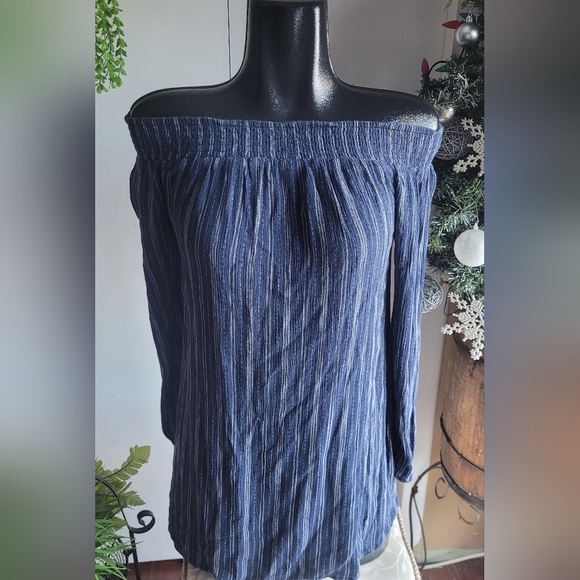Cape Juby Blue and White Striped Off Shoulder Top S - Picture 2 of 7
